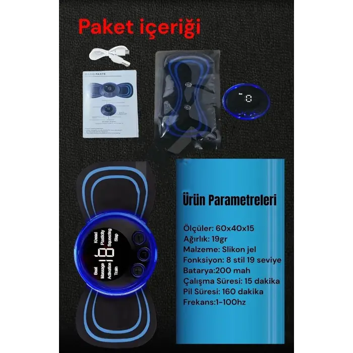 8 Modlu Mini Şarjlı Kelebek LCD Ekran Ems Boyun Omuz Kol Sırt Elektrikli Masaj Bantı Kas Stimülatörü