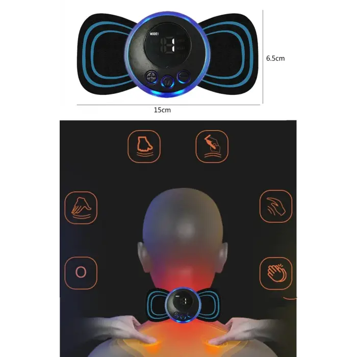 8 Modlu Mini Şarjlı Kelebek LCD Ekran Ems Boyun Omuz Kol Sırt Elektrikli Masaj Bantı Kas Stimülatörü