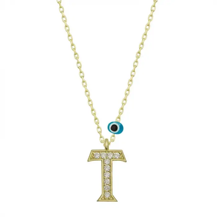 925 Ayar Gümüş Nazar Gold T Harfi Kadın Gümüş Kolye (T6797) (336336)