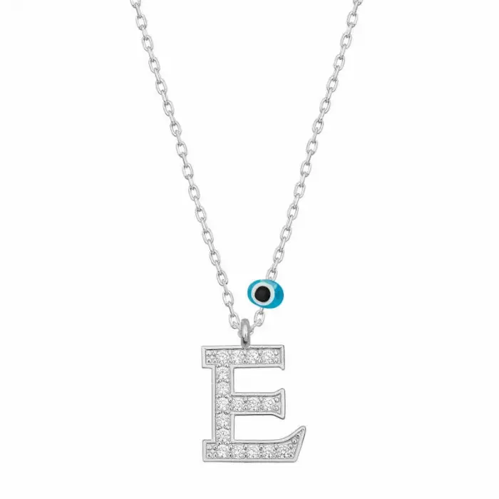 925 Ayar Gümüş Nazar Rodyum E Harfi Kadın Gümüş Kolye (T6809) (336336)