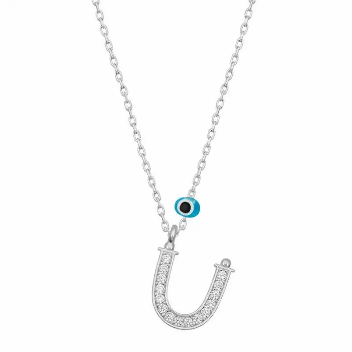 925 Ayar Gümüş Nazar Rodyum Ü Harfi Kadın Gümüş Kolye (T6828) (336336)