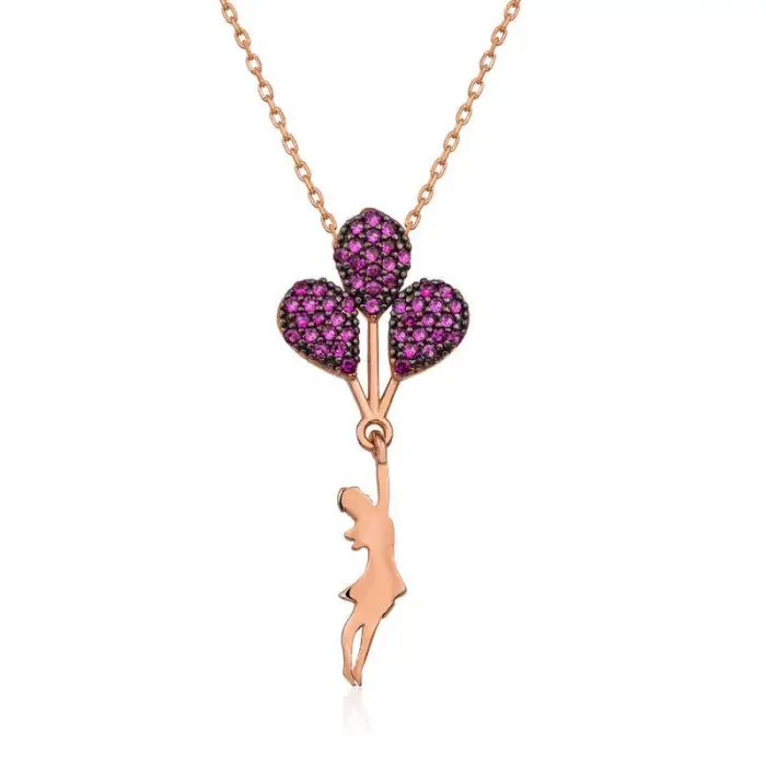 925 Ayar Gümüş Rose Kırmızı Balonlu Kız Kolye (T5087) (336336)