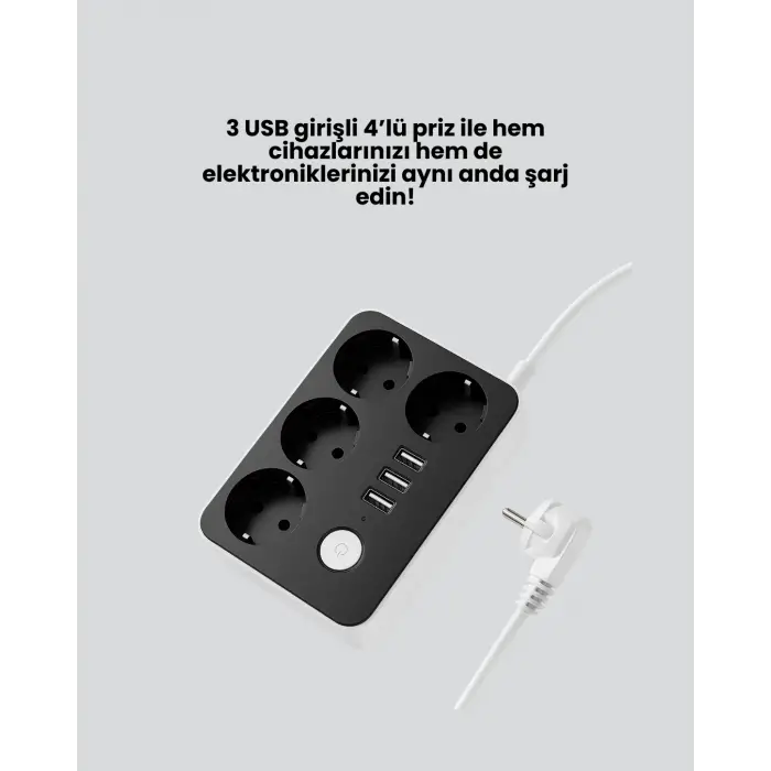 Akım Korumalı 3 USB Portlu 4’lü Priz 4.1A Hızlı Şarj