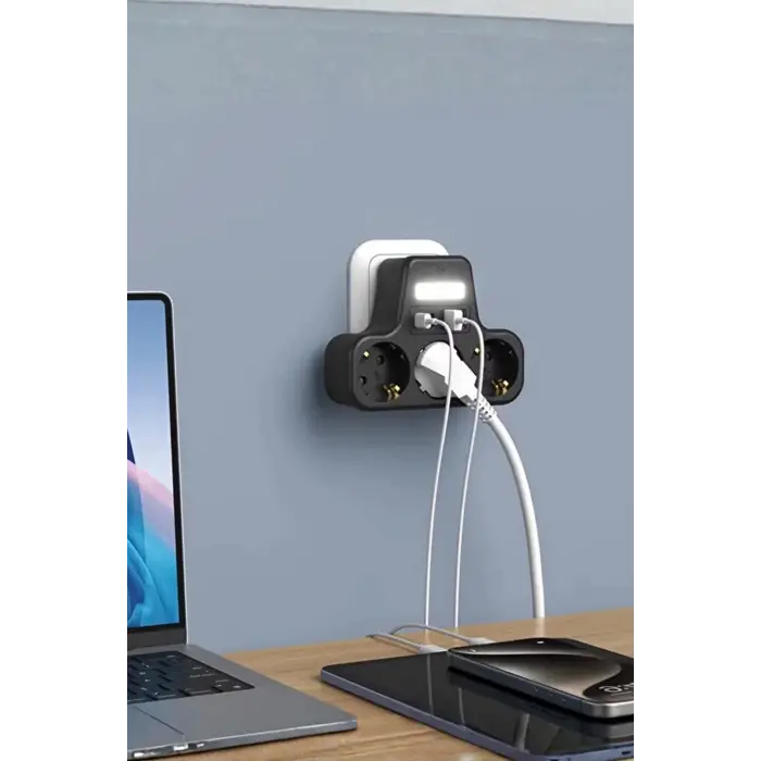 Akım Korumalı Priz Gece Lambalı 3’lü Priz 2xusb 2xtype-c Çıkışlı Grup Priz Çoğaltıcı