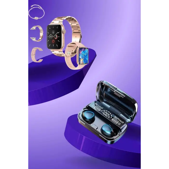 Aksesuar Hediyeli Akıllı Saat ve Dijital Göstergeli Powerbankli Bluetooth Kulaklık