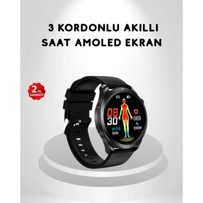 AMOLED Ekranlı Akıllı Saat – 3 Kordon Seçenekli, Suya Dayanıklı, Kalp Atış ve Uyku Takip Özellikli