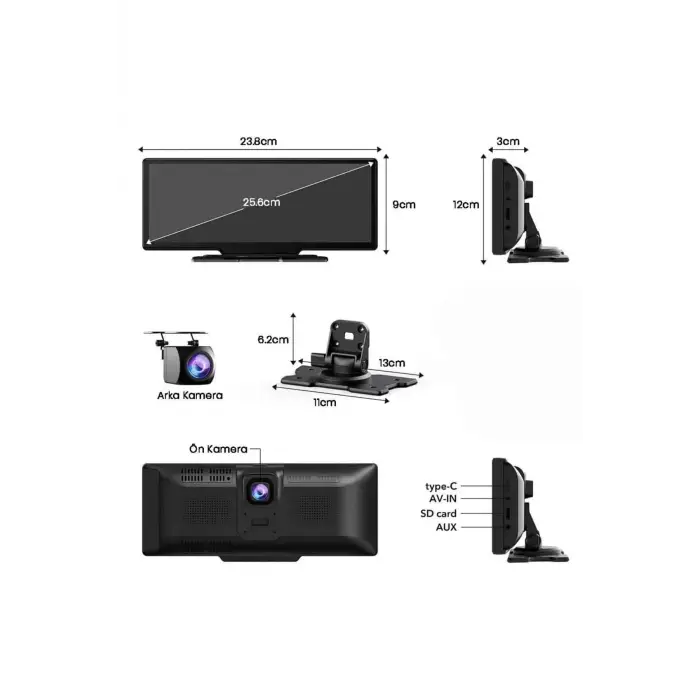 Android ve İOS Uyumlu Ön Arka Çift Kameralı Araç Ekranı Dokunmatik CarPlay