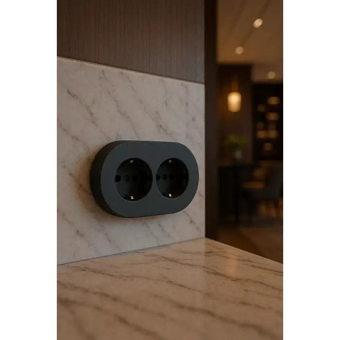 Antrasit Renk İkili Topraklı Priz – Modern Sıva Üstü Duvar Prizi, Lüks Dekoratif Elektrik Priz Çift Girişli
