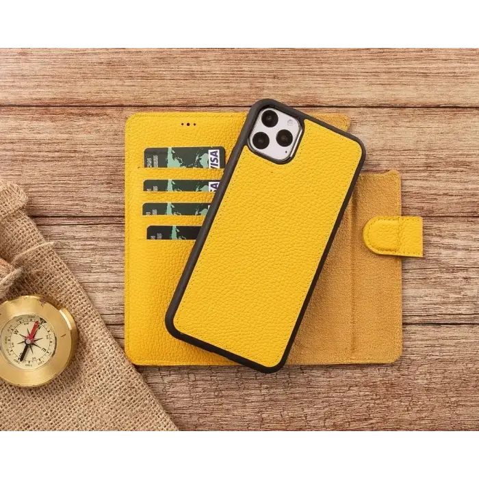 Apple iPhone 11 Pro Max Uyumlu Deri Cüzdanlı Kılıf FL12 Sarı