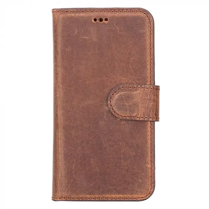 Apple iPhone 12 mini Uyumlu Deri Cüzdanlı Kılıf G2 Antik Kahve