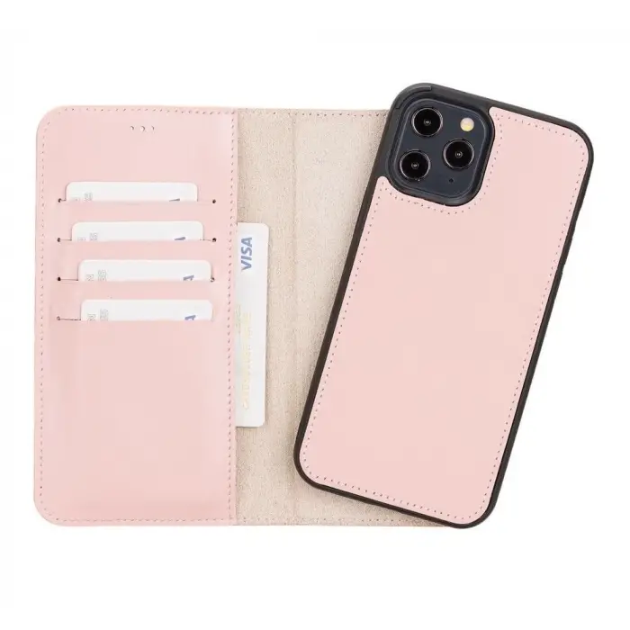 Apple iPhone 12 Pro Max Uyumlu Deri Cüzdanlı Kılıf NU2 Pembe