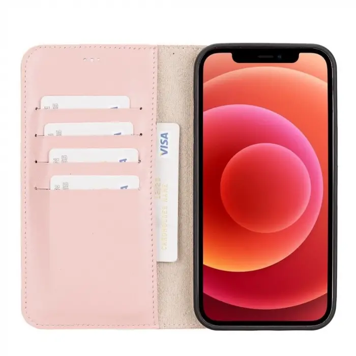 Apple iPhone 12 Pro Max Uyumlu Deri Cüzdanlı Kılıf NU2 Pembe