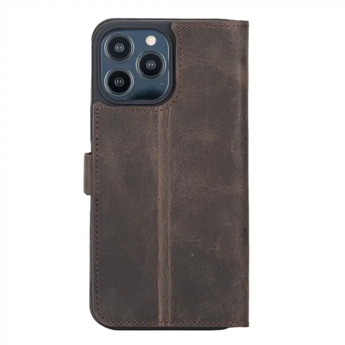 Apple iPhone 13 Pro Max Uyumlu Deri Cüzdanlı Kılıf Acı Kahve