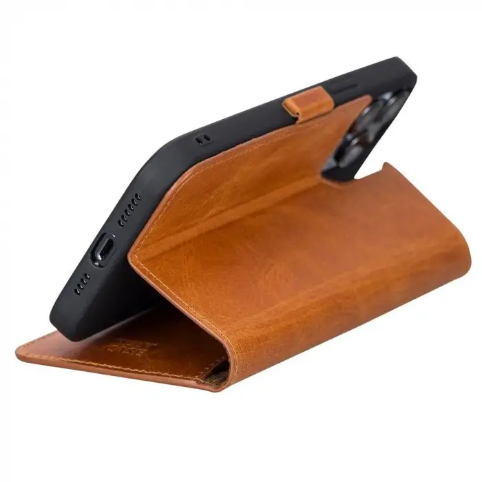 Apple iPhone 13 Pro Max Uyumlu Deri Cüzdanlı Kılıf Karamel