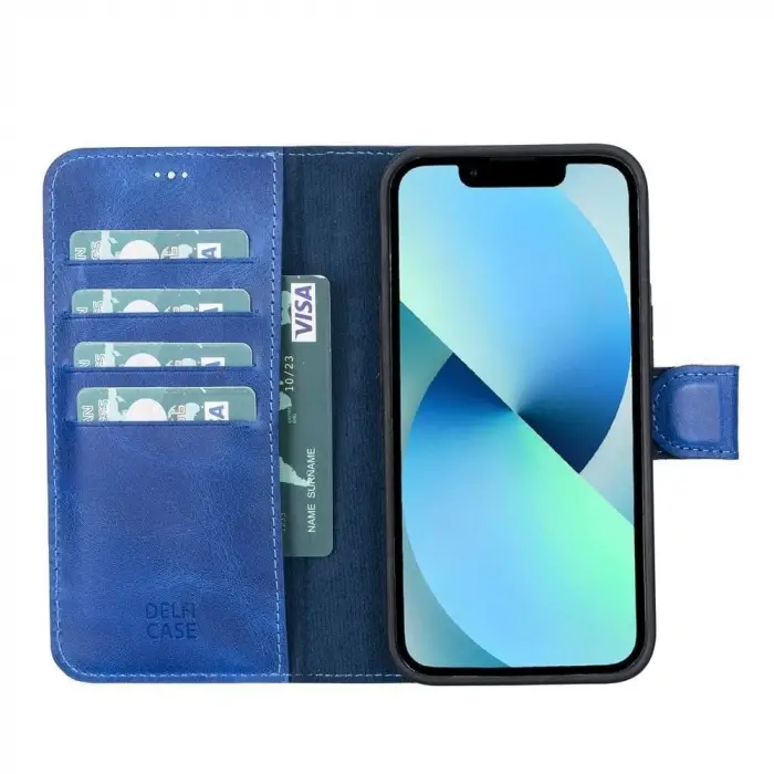 Apple iPhone 13 Pro Max Uyumlu Deri Cüzdanlı Kılıf Okyanus Mavi