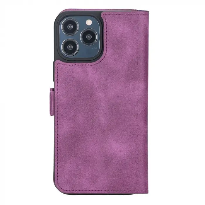 Apple iPhone 13 Pro Max Uyumlu Deri Cüzdanlı Kılıf Rustik Mor