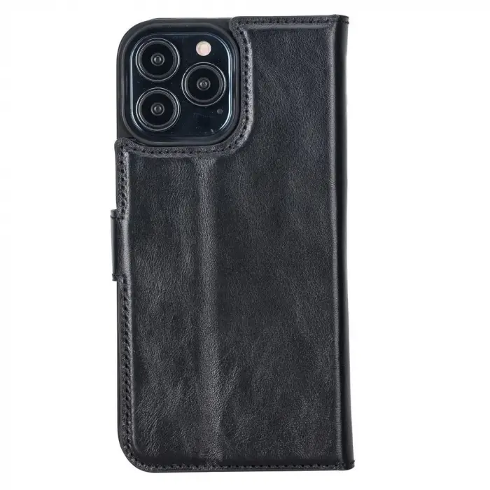 Apple iPhone 13 Pro Max Uyumlu Deri Cüzdanlı Kılıf Rustik Siyah