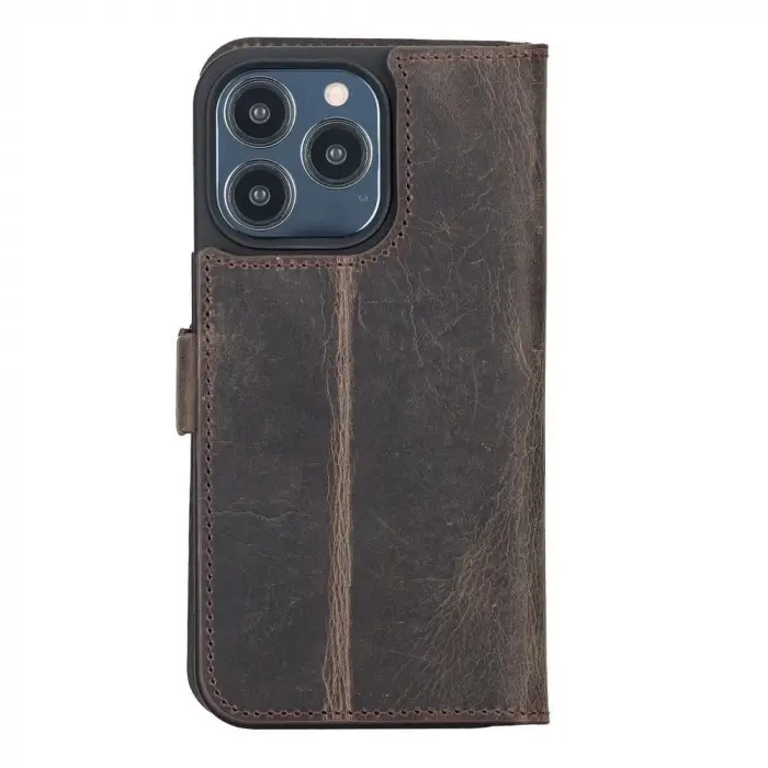 Apple iPhone 13 Pro Uyumlu Deri Cüzdanlı Kılıf Acı Kahve