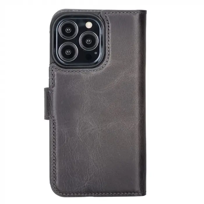 Apple iPhone 13 Pro Uyumlu Deri Cüzdanlı Kılıf MWWN TN1 Gri