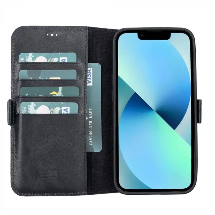 Apple iPhone 13 Uyumlu Deri Cüzdanlı Kılıf Rustik Siyah