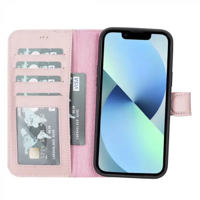 Apple iPhone 14 Plus Uyumlu Deri Cüzdanlı Kılıf MWWN NU2 Pembe