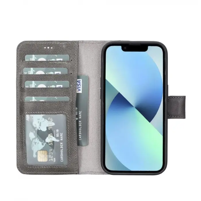 Apple iPhone 14 Pro Uyumlu Deri Cüzdanlı Kılıf MWWN Rustik Gri