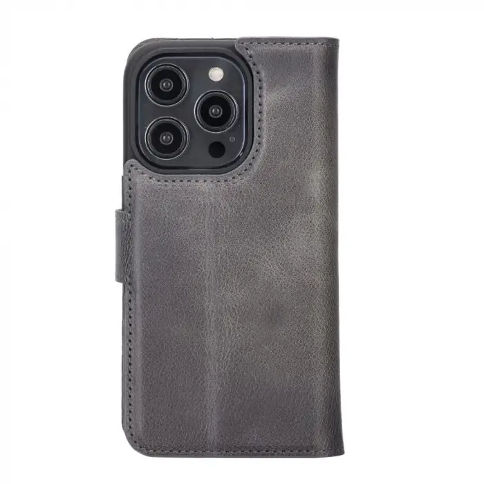 Apple iPhone 14 Pro Uyumlu Deri Cüzdanlı Kılıf MWWN Rustik Gri