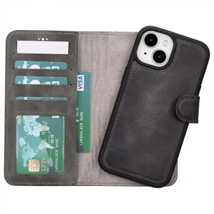 Apple iPhone 15 Uyumlu Deri Cüzdanlı Kılıf MWWN VS4EF Gri