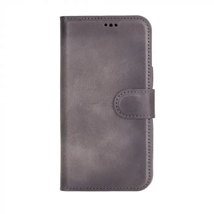 Apple iPhone 16 Plus uyumlu, Hakiki Deri, El Yapımı, Cüzdanlı Kılıf, Gölgeli Gri