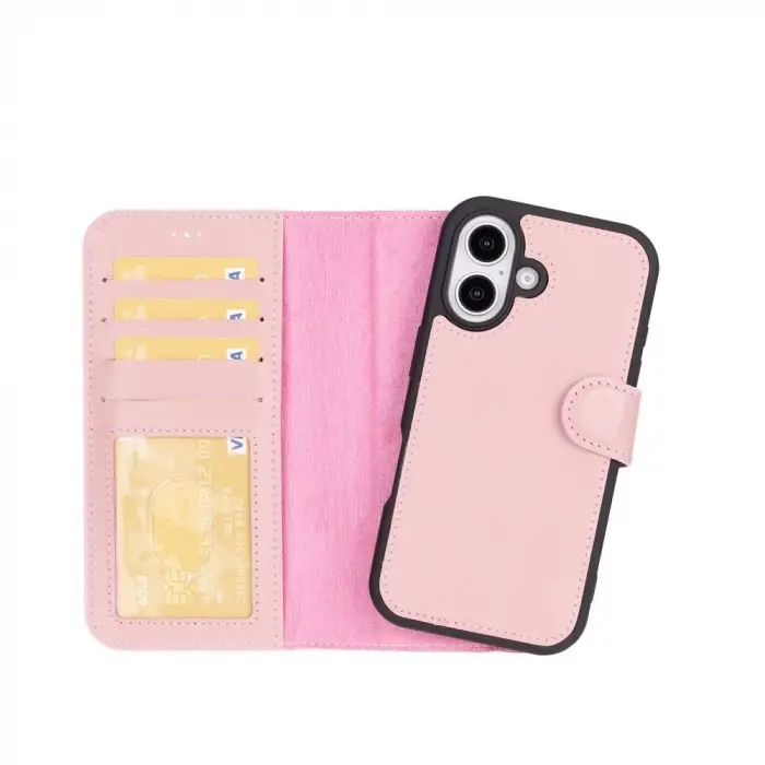 Apple iPhone 16 Plus uyumlu, Hakiki Deri, El Yapımı, Cüzdanlı Kılıf, Toz Pembe