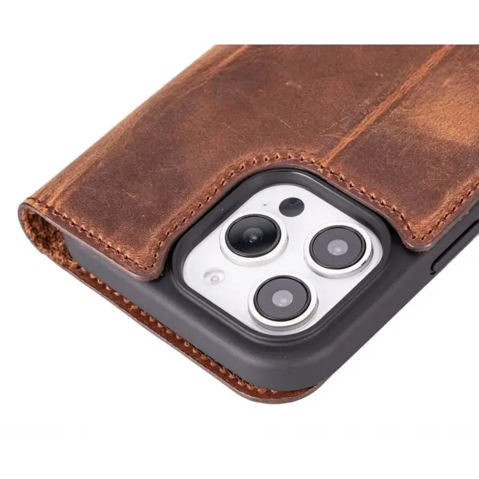 Apple iPhone 16 Pro Max uyumlu, Hakiki Deri, El Yapımı, Cüzdanlı Kılıf, Antik Kahve