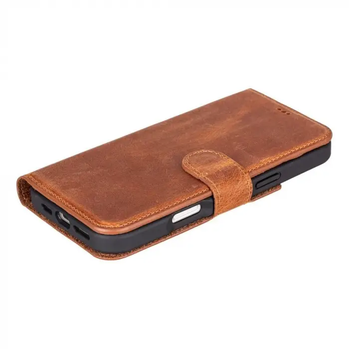 Apple iPhone 16 Pro Max uyumlu, Hakiki Deri, El Yapımı, Cüzdanlı Kılıf, Karamel