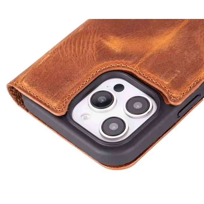 Apple iPhone 16 Pro Max uyumlu, Hakiki Deri, El Yapımı, Cüzdanlı Kılıf, Karamel