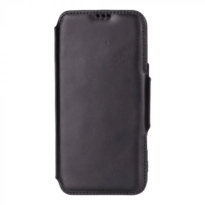 Apple iPhone 16 Pro Max uyumlu, Hakiki Deri, El Yapımı, Cüzdanlı Kılıf, Parlak Siyah