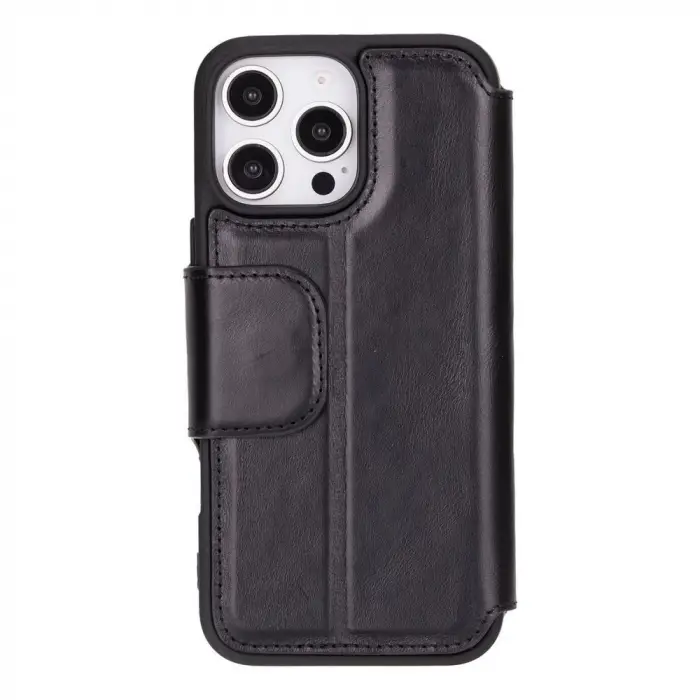 Apple iPhone 16 Pro Max uyumlu, Hakiki Deri, El Yapımı, Cüzdanlı Kılıf, Parlak Siyah