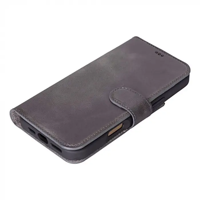 Apple iPhone 16 Pro uyumlu, Hakiki Deri, El Yapımı, Cüzdanlı Kılıf, Gölgeli Gri