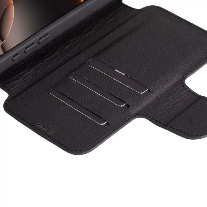 Apple iPhone 16 Pro uyumlu, Hakiki Deri, El Yapımı, Cüzdanlı Kılıf, Parlak Siyah