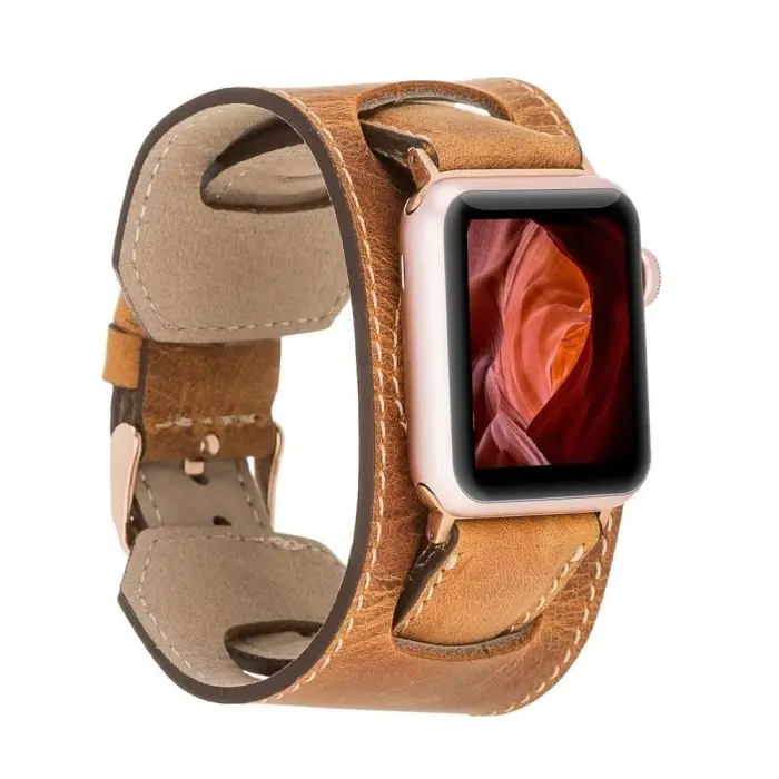 Apple Watch Uyumlu Deri Kordon 42-44-45mm Cuff G19 Taba