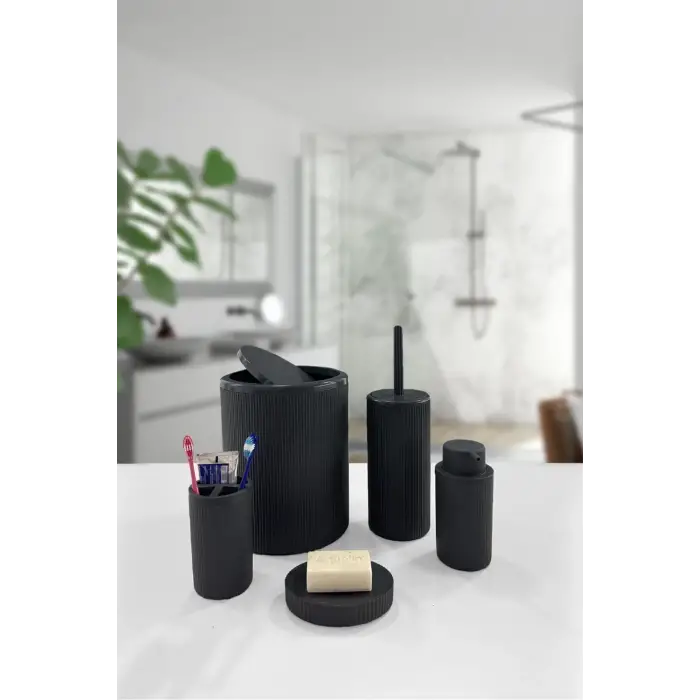 5 Parça Siyah Çizgili Yuvarlak 5li Eco Banyo Seti Çöp Kovası Tuvalet Fırçası Sabunluk Diş Fırçalık