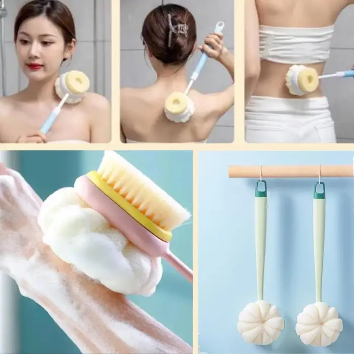Banyo Lifi ve Süngeri 2 si 1 Arada Çift Taraflı Uzun Saplı Fırçalı Banyo Vücut Sırt Fırçası Banyo Lifi