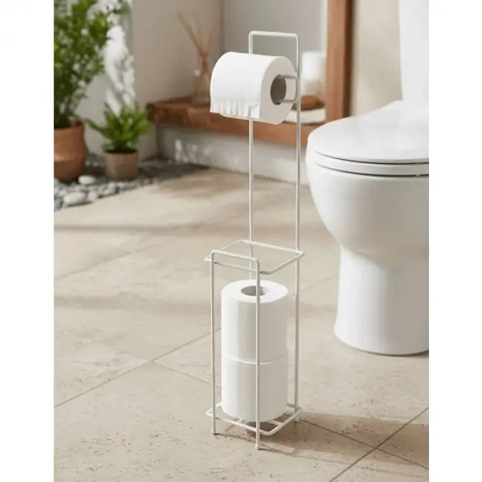 Beyaz Standlı Yedek Hazneli Tuvalet Kağıtlığı