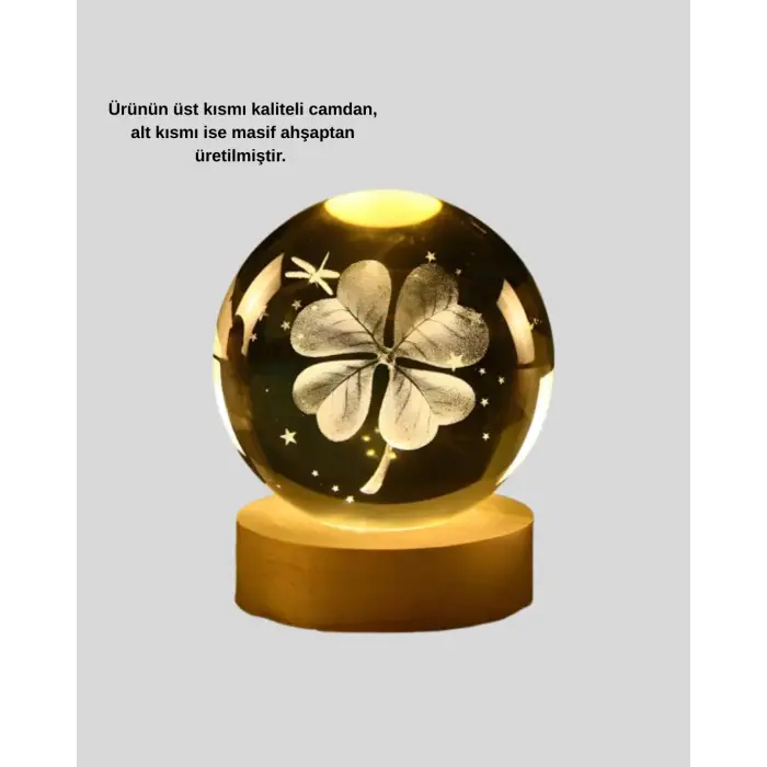 Bitki Temalı LED Işıklı Cam Küre Ahşap Standlı Modern Gece Lambası