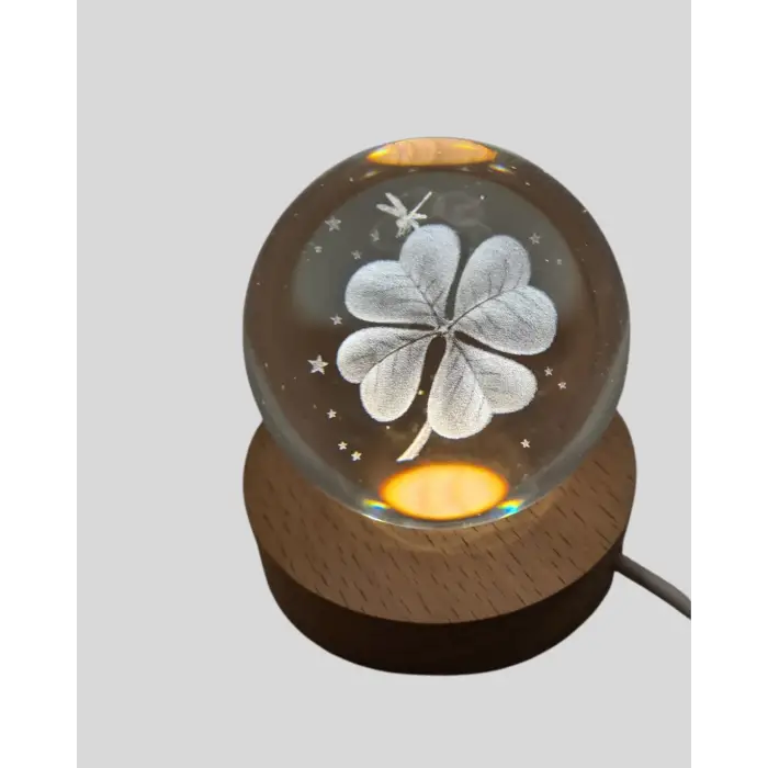 Bitki Temalı LED Işıklı Cam Küre Ahşap Standlı Modern Gece Lambası