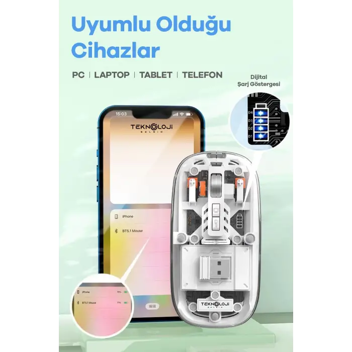 Bluetooth USB Çift Modlu Sessiz Mouse, Şeffaf Mıknatıslı Kapaklı, Type-C Şarjlı, DPI Ayarlı, Kablosuz 10m Çekim Mesafeli, Masaüstü Kısayol Tuşlu, Taşınabilir Şarjlı Mouse Beyaz