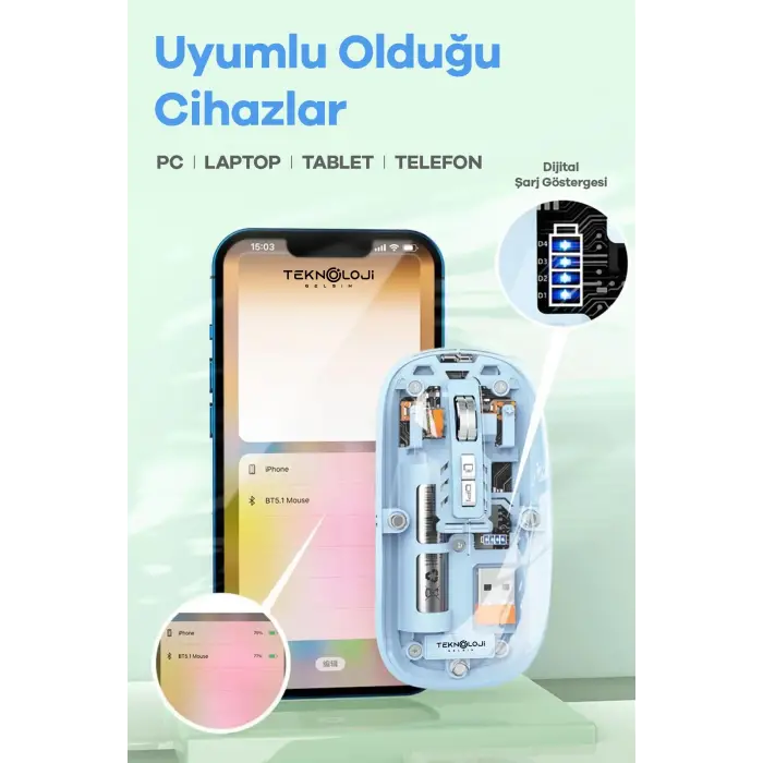Bluetooth USB Çift Modlu Sessiz Mouse, Şeffaf Mıknatıslı Kapaklı, Type-C Şarjlı, DPI Ayarlı, Kablosuz 10m Çekim Mesafeli, Masaüstü Kısayol Tuşlu, Taşınabilir Şarjlı Mouse Siyah