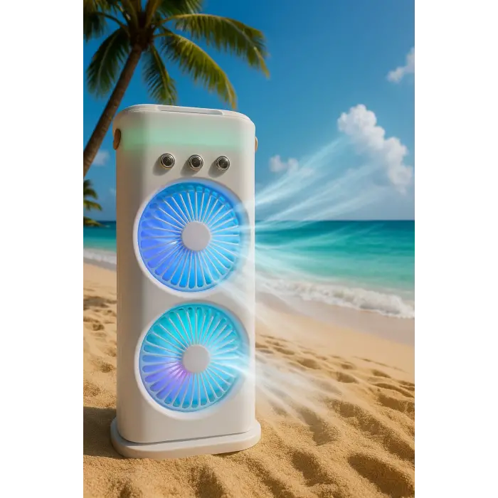 Buharlı Çift Pervaneli Işıklı Vantilatör Uzaktan Kumandalı Taşınabilir Şarjlı Midi Fan