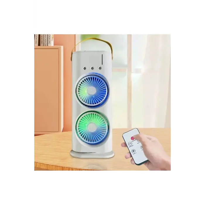 Buharlı Çift Pervaneli Işıklı Vantilatör Uzaktan Kumandalı Taşınabilir Şarjlı Midi Fan