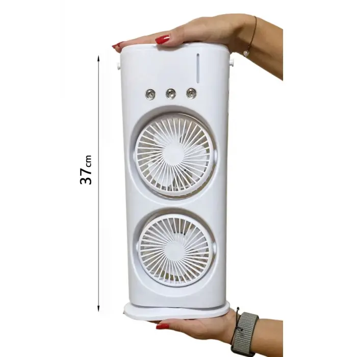 Buharlı Çift Pervaneli Işıklı Vantilatör Uzaktan Kumandalı Taşınabilir Şarjlı Midi Fan