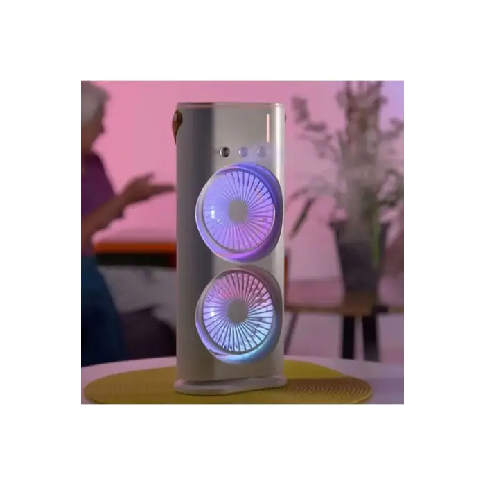 Buharlı Çift Pervaneli Işıklı Vantilatör Uzaktan Kumandalı Taşınabilir Şarjlı Midi Fan