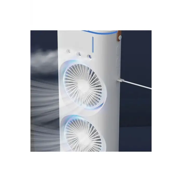Buharlı Çift Pervaneli Işıklı Vantilatör Uzaktan Kumandalı Taşınabilir Şarjlı Midi Fan